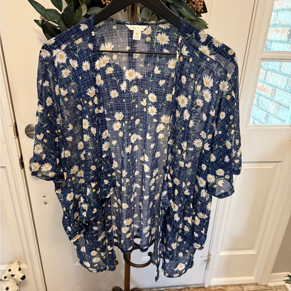 Cato Micro Plaid & Daisy Print Kimono Caftan Open Front Cardigan SS M